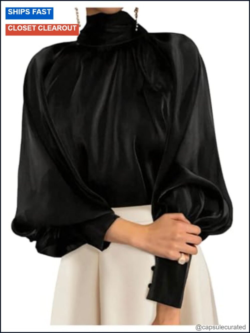 Women's Mock Neck Long Lantern Sleeve Bow Back Satin Blouse